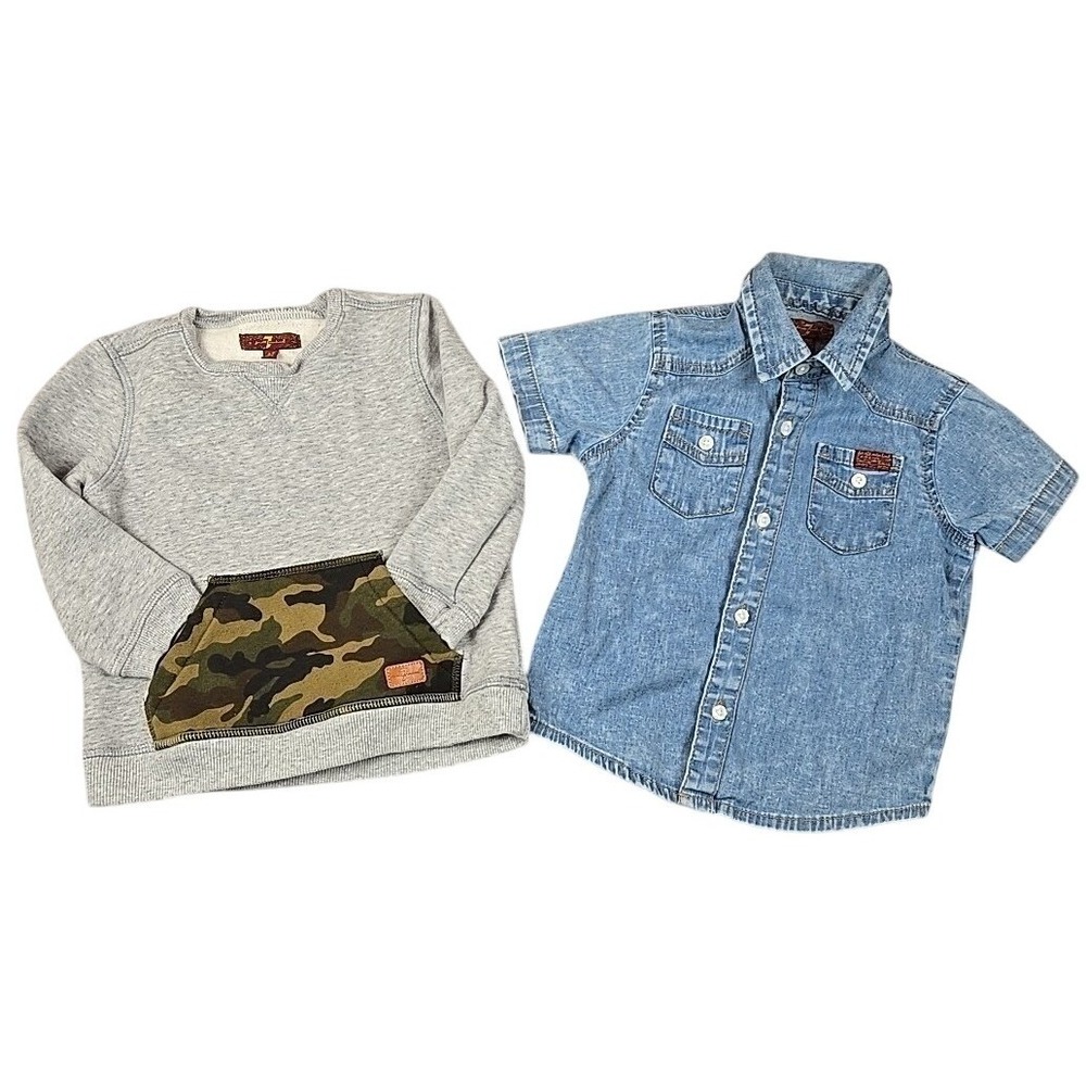 (Set Of 2) 7 For All Mankind (1) 2T Sweatshirt‎ Grey Camo & (2) 24M Denim button